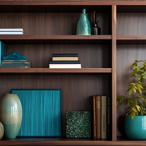 Modern Teal Walnut Bookcase Zoom Background | Professional Virtual Background for Zoom/Videoconferences/Streaming