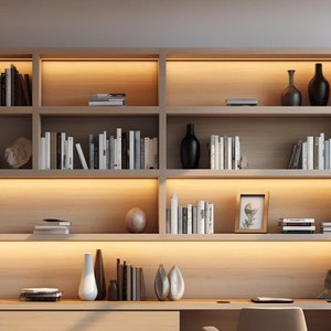 May include: A wooden bookshelf with multiple shelves, each filled with books and decorative objects. The shelves are illuminated with warm white LED lights.