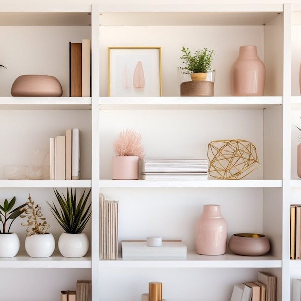 Pink Boho Chic Home Office Shelving Zoom Background | Virtual Background for Zoom/Videoconferences/Streaming