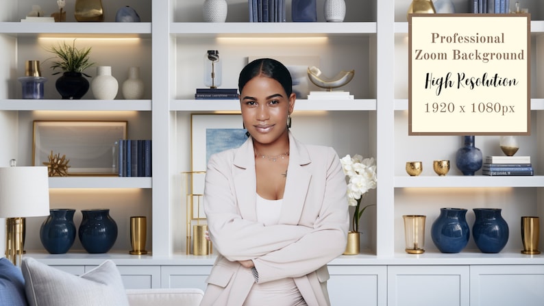 May include: A woman with dark hair and a light pink blazer stands in front of a white bookshelf with gold accents. The bookshelf is filled with decorative objects, books, and plants. The text "Professional Zoom Background High Resolution 1920 x 1080px" is visible in the upper right corner of the image.