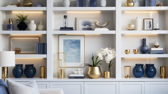 Blue Modern Home Office Wall Shelving Zoom Background | Professional Virtual Background for Zoom/Videoconferences/Streaming