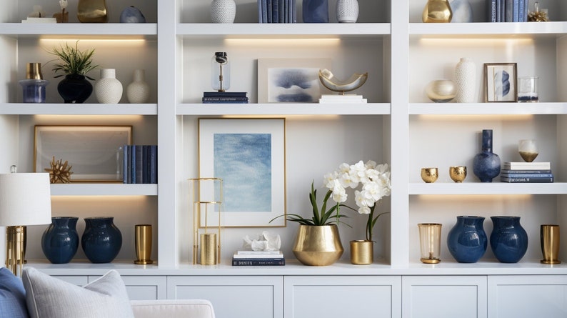 May include: A white bookshelf with multiple shelves filled with decorative items, including vases, artwork, plants, and books. The shelves are lit with LED lights. The items are mostly in shades of blue and gold.