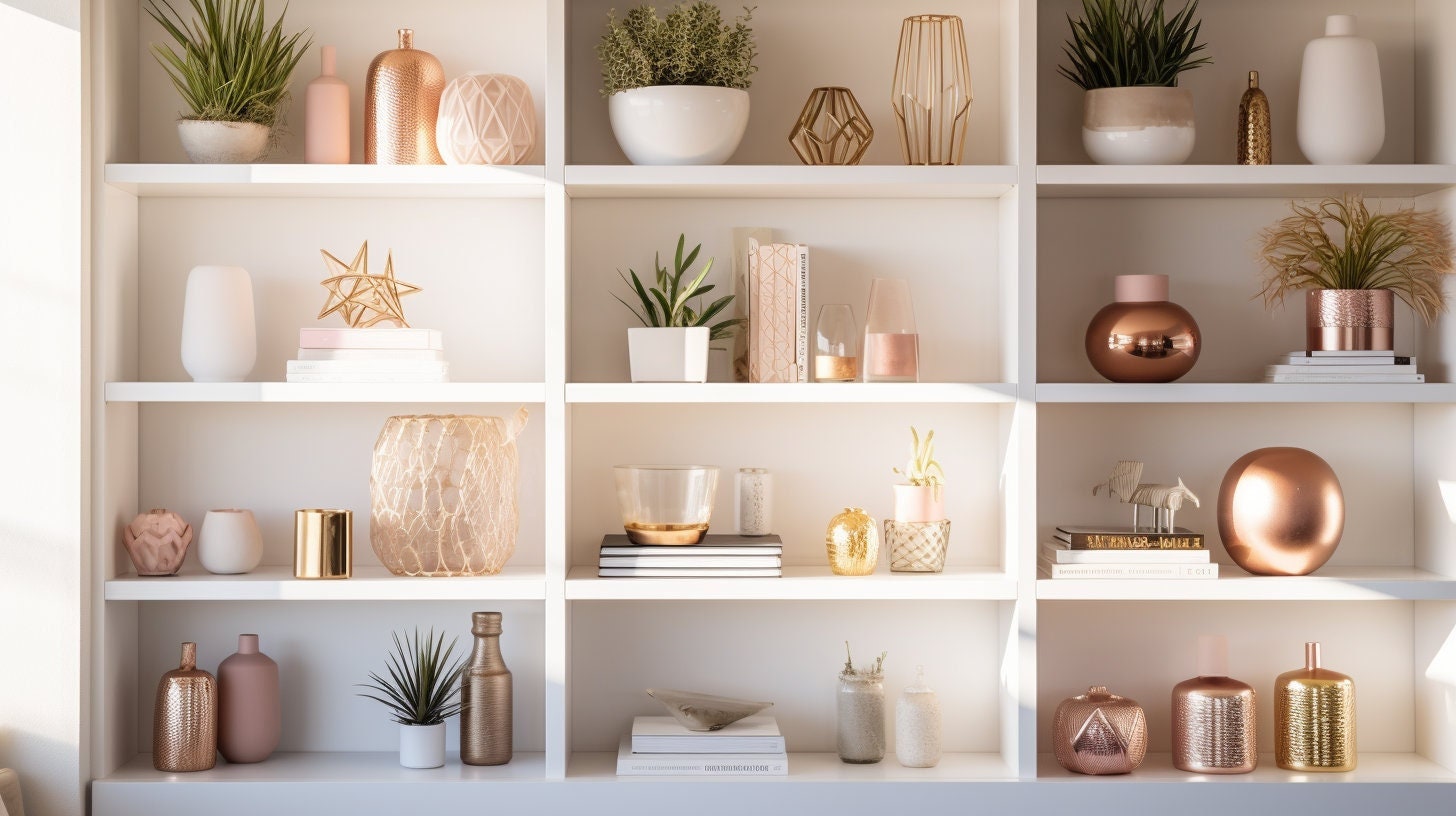 Rose Golden Modern Office Shelves Zoom Background | Virtual Background ...