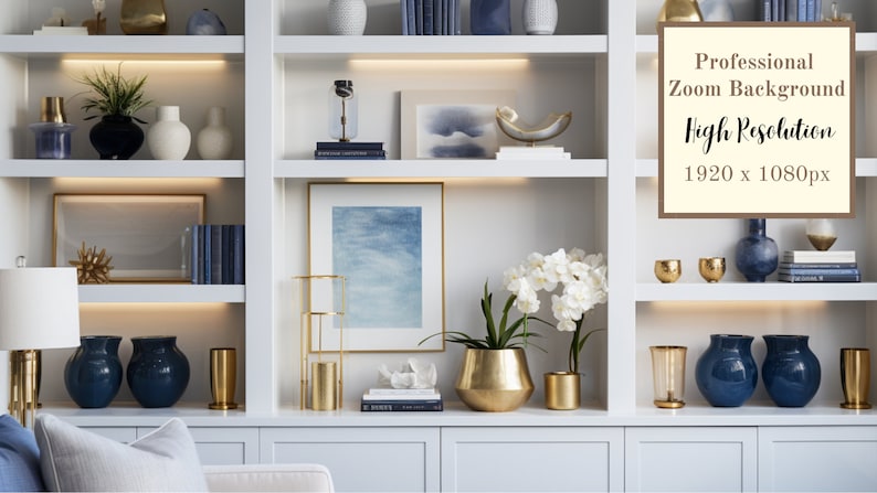 May include: A white bookshelf with multiple shelves filled with decorative items, including vases, books, and artwork. The shelves are lit with LED lights. The bookshelf is a great backdrop for a Zoom meeting.