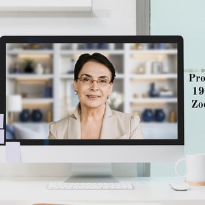 May include: A computer monitor displaying a woman on a video call. The background behind the woman is blurred. The text on the screen reads "Professional Blur 1920 x 1080 px Zoom Optimized".