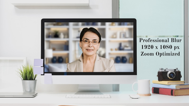 May include: A computer monitor displaying a woman on a video call. The background behind the woman is blurred. The text on the screen reads "Professional Blur 1920 x 1080 px Zoom Optimized".