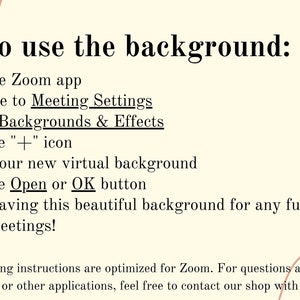 May include: Instructions on how to use a virtual background in the Zoom app. The steps include opening the Zoom app, navigating to Meeting Settings, tapping on Backgrounds & Effects, clicking the plus icon, selecting a virtual background, clicking the Open or OK button, and enjoying the new background for future Zoom meetings.