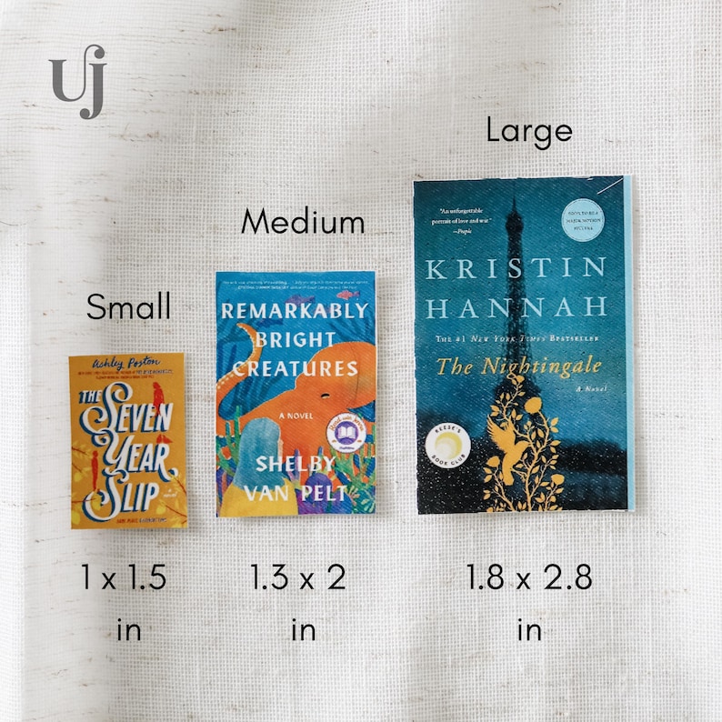 May include: Three paperback books of different sizes, with the titles "The Seven Year Slip", "Remarkably Bright Creatures", and "The Nightingale". The books are displayed on a white textured surface with the dimensions of each book listed below.