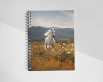 Beautiful White Horse in a field notebook, realistic horse design, spiral notebook, horse notebook, equestrian gift