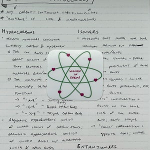 May include: A handwritten page of notes on hydrocarbons and isomers in chemistry. A green and pink sticker with the text "Women in STEM!" is attached to the page.