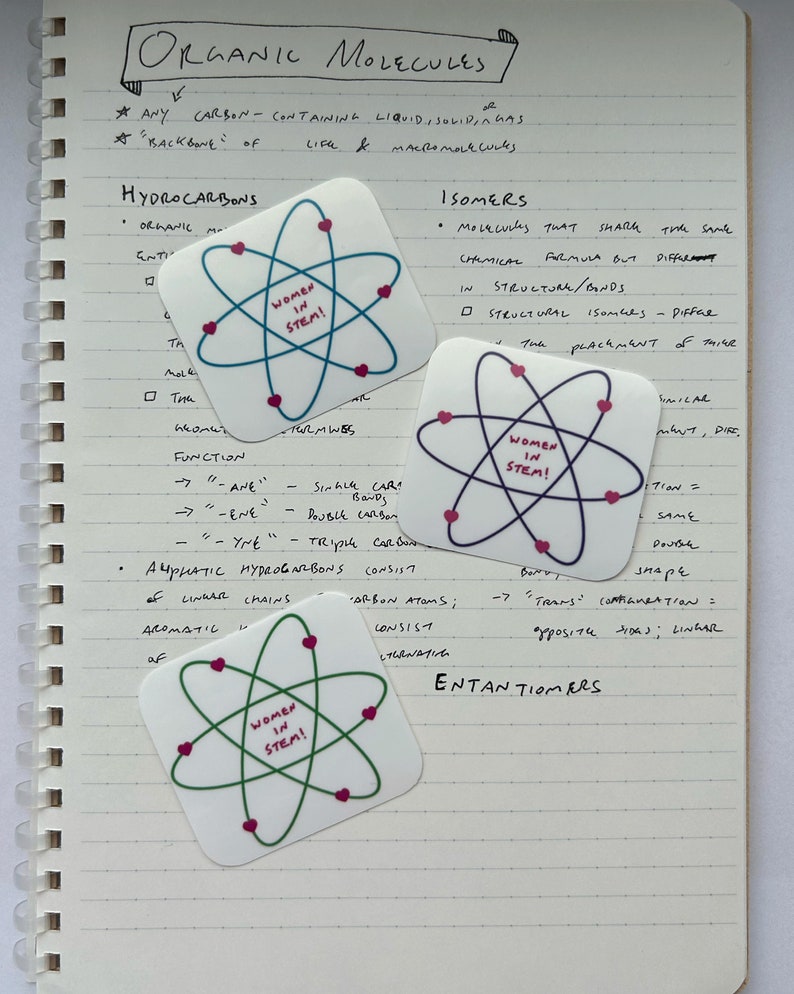 May include: Three colorful stickers with a green, blue, and red atom design. Each sticker has the text "Women in STEM!" in pink letters.