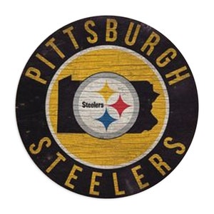 May include: A black and yellow circular sign with the words "Pittsburgh Steelers" in a white circle around the outside. The center of the sign features a black silhouette of the state of Pennsylvania with a yellow star in the center. The star has a black and white football design inside. The words "Steelers" are written in white inside the star.