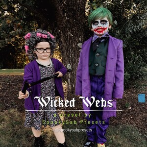 May include: Two children dressed in costumes for Halloween. A girl is dressed as an elderly woman with purple clothing, a floral dress, and a cane. A boy is dressed as the Joker with green hair, purple clothing, and white face paint. The text "Wicked Webs" is written in a gothic font with the words "a preset by SpookySab Presets" and "@spookysabpresets" below it.