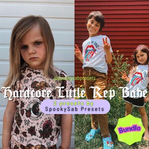 May include: Image features three children wearing graphic t-shirts. One child wears a pink floral top with the text "Hardcore Little Rep Babe". The other two children wear white shirts with a red, white, and blue tongue graphic. The image includes the text "2 presets by SpookySab Presets".