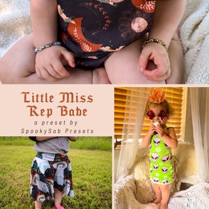 May include: A collage of three images featuring children wearing different outfits. The first image shows a baby wearing a black and orange bodysuit with a moon and stars pattern. The second image shows a toddler wearing a black and white skirt with a ghost pattern. The third image shows a toddler wearing a green tank top with an alien pattern. The text "Little Miss Rep Babe" and "a preset by SpookySab Presets" is displayed in the center of the collage.