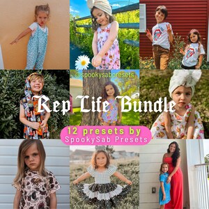 May include: A collage of children's clothing and accessories. The image includes a variety of outfits, such as dresses, rompers, and shirts, in various colors and patterns. The text "Rep Life Bundle" and "12 Presets by SpookySab Presets" are also visible.
