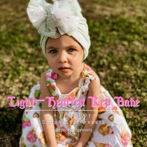 May include: A young child wearing a light green turban with a large white bow. The child is wearing a white dress with a colorful ice cream print. Text on the image reads "Light-Hearted Rep Babe" and "a preset by SpookySab Presets @spookysabpresets."