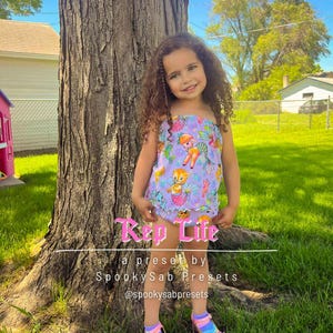 May include: A young girl wearing a two-piece mermaid-themed outfit. The top and shorts are light purple with a pattern of mermaids, seahorses, and other sea creatures. The text "Rep Life" is displayed in pink, along with the text "a preset by SpookySab Presets @spookysabpresets".