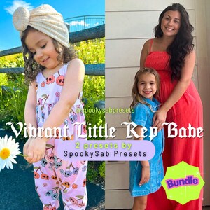 May include: A young girl wearing a light pink jumpsuit with a skull and cherry pattern, and a cream-colored turban. The image includes the text "Vibrant Little Rep Babe" and "2 presets by SpookySab Presets."