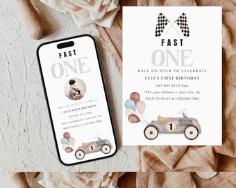 May include: A digital invitation for a first birthday party with a race car theme. The invitation is designed to look like a smartphone screen and features a checkered flag pattern, a cartoon race car, and the text "Fast One". The invitation includes the birthday boy's name, the date and time of the party, and the address.