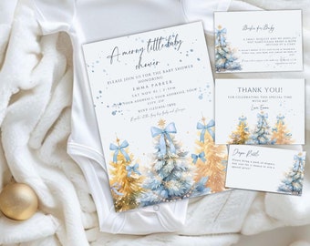 May include: A baby shower invitation set with a white onesie. The invitation and cards feature watercolor Christmas trees with blue bows and gold accents. The text reads "A merry little baby shower".
