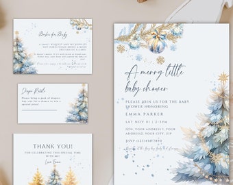 May include: A blue and gold baby shower invitation with a watercolor illustration of a winter scene. The text reads "A merry little baby shower" and includes the date, time, and RSVP information.
