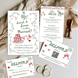 Handgeschriebene Weihnachtshochzeitseinladungsreihe, wunderliche lustige Einladung, illustrierte Hochzeit, kritzelnde bearbeitbare Hochzeitsvorlagen, DIY, ch2