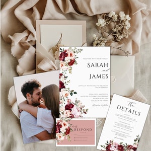 Modèle de faire-part de mariage bordeaux, suite d'invitation de mariage bohème rose blush rose, faire-part de mariage automne fleurs sauvages, mariage automne, F1
