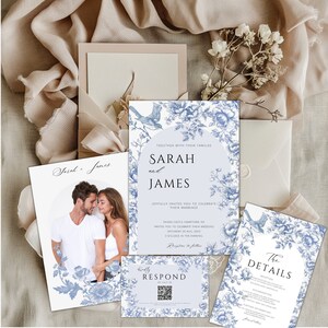 Vintage Floral Wedding Invitation, Dusty Blue Wedding Invitation, Chinoiserie Wedding Invitation Bundle, Blue Toile Wedding Invitation, CW1