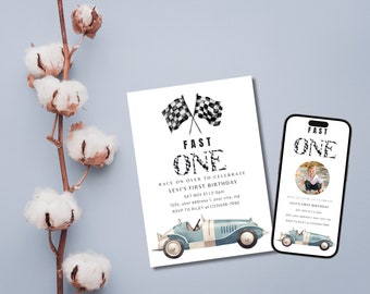 May include: A blue and white birthday invitation with a checkered flag design and a cartoon car. The invitation says "Fast One" and "Levi's First Birthday".