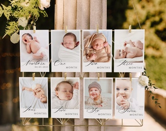 Modern First Birthday Photo Banner Template, Modern Monthly Milestone Photo Cards, Editable 1st Year Monthly Milestone Cards, Photo Garland