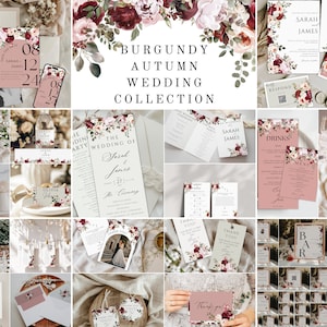 Boho Burgunder-Hochzeits-Einladungspaket, bearbeitbare Burgunder-Rosen-Hochzeit, Herbst-Hochzeits-Einladungs-Passe-Vorlage, F1