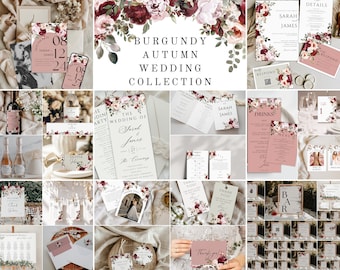 Boho Burgundy Wedding Invitation bundle, Editable Burgundy Rose Wedding ,Fall Wedding Invitation Suite Template, F1