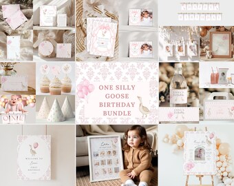 One Silly Goose First Birthday Bundle, Vintage Floral Goose Invite First Birthday Bundle, Pink Girls 1st Birthday Boho invite, G3