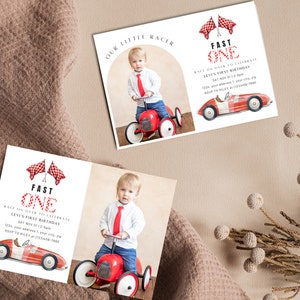 Fast One Birthday Invitation, First Birthday, Retro Race Car First Birthday Party Decorations, Fast One Birthday, Vintage Red Racing Car, R2
