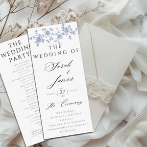 Plantilla de programa de bodas azul polvoriento, programa de bodas, programa de bodas de toile francés vintage floral, boda de flora azul vintage, CH1
