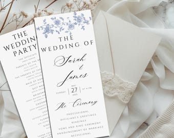 Puede incluir: Un programa de ceremonia de boda con un diseño floral en azul y blanco. El programa enumera la fiesta de bodas, el oficiante y el orden de la ceremonia. La fecha de la boda es el 27 de mayo de 2025 a las 4 PM.