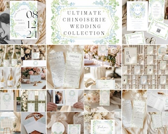 Pacote de casamento com monograma em estilo Chinoiserie, pacote de casamento com brasão floral verde e azul, pacote de casamento vitoriano francês Toile de Jouy, pacote de casamento grande