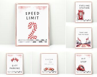 May include: Set of six framed prints with a racing theme. The prints feature watercolor illustrations and text, including "Speed Limit 2", "Fueling Station", "Take One for the Road", "Gift Parking", "Custom Sign", and "Pit Stop". The frames are rose gold.
