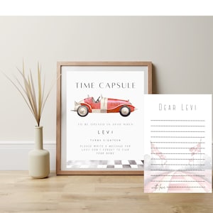 Race Car Time Capsule Sign and Card, Editable Retro Car First Birthday Time Capsule, fast one birthday,vintage race car,