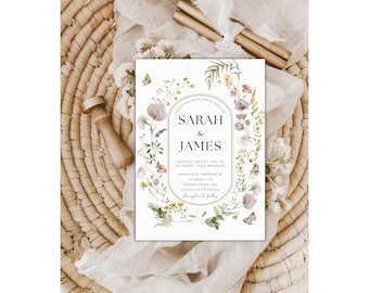 Wildflower Wedding Invitation, Garden Wedding,   Elegant Wildflower Wedding Invite, Printable Boho Floral Invite, Printable Invitation W7
