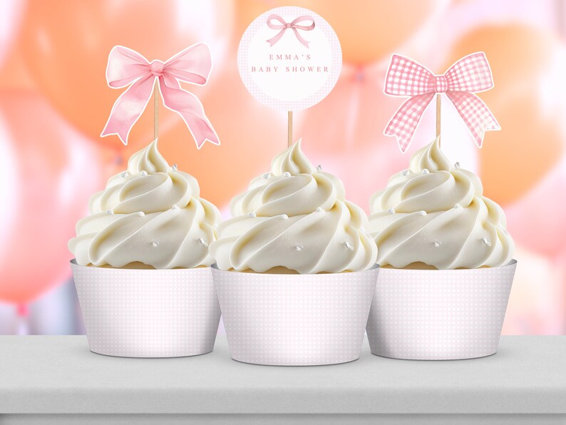 Watercolor Pink Bow Cupcake Toppers, Pink Bow Baby Shower, Minimalist ...