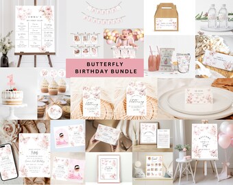 May include: A pink and gold butterfly themed first birthday party printable bundle. The bundle includes invitations, welcome sign, food labels, water bottle labels, cupcake toppers, a photo booth backdrop, and more. The design features watercolor butterflies, flowers, and a delicate script font.