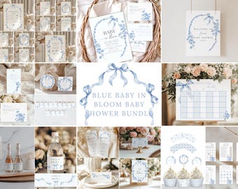 Blue Baby in Bloom Bundle, Blue Baby in Bloom Baby Shower Invitation, Dusty Blue Floral Baby Shower, Blue Bow Spring Baby Shower Decor