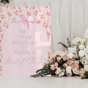 Vintage Pink Bow Rose Toile Bridal Shower Welcome Sign, Editable Pink Bow Bridal Shower, Shabby Chic Bridal Shower, Bridal Shower, D20