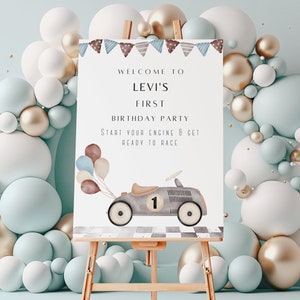 Placa de boas-vindas de aniversário de carro de corrida vintage, Fast One, decorações de primeiro aniversário, qualquer idade, placa de quadro-negro de primeiro aniversário de carro de corrida EDITÁVEL, B1