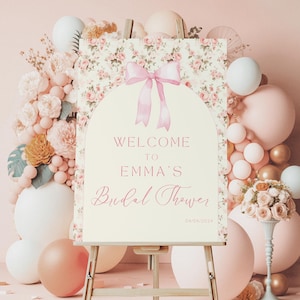 Vintage Pink Bow Rose Toile Bridal Shower Welcome Sign, Editable Pink Bow Bridal Shower, Shabby Chic Bridal Shower, Bridal Shower, D2