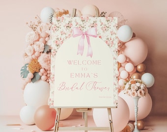 Vintage Pink Bow Rose Toile Bridal Shower Welcome Sign, Editable Pink Bow Bridal Shower, Shabby Chic Bridal Shower, Bridal Shower, D2