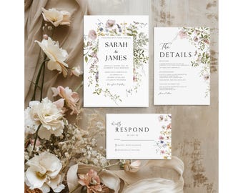 May include: A set of wedding invitations with a floral design. The main invitation features the names "Sarah & James" in a white frame surrounded by watercolor flowers. The second card says "The Details" and includes information about the wedding. The third card is a response card with the text "Kindly Respond by July 15th".