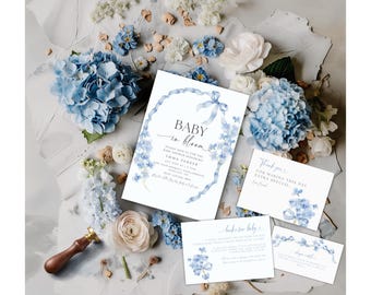 Blue Baby in Bloom invite, Blue Baby in Bloom Baby Shower Invitation, Dusty Blue Floral Baby Shower, Blue Bow Spring Baby Shower Decor